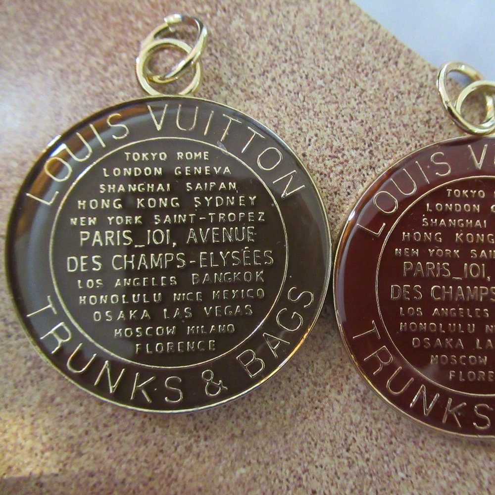 LOUIS VUITTON 2 CHARMS, TRUNKS AND BAGS 1 1/4 INCH BROWN, MAROON, GOLD TONE